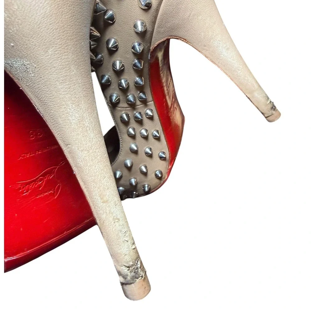 Christian Louboutin Alti Spikes 160 Nude Leather Peep Toe Platform Pumps 38